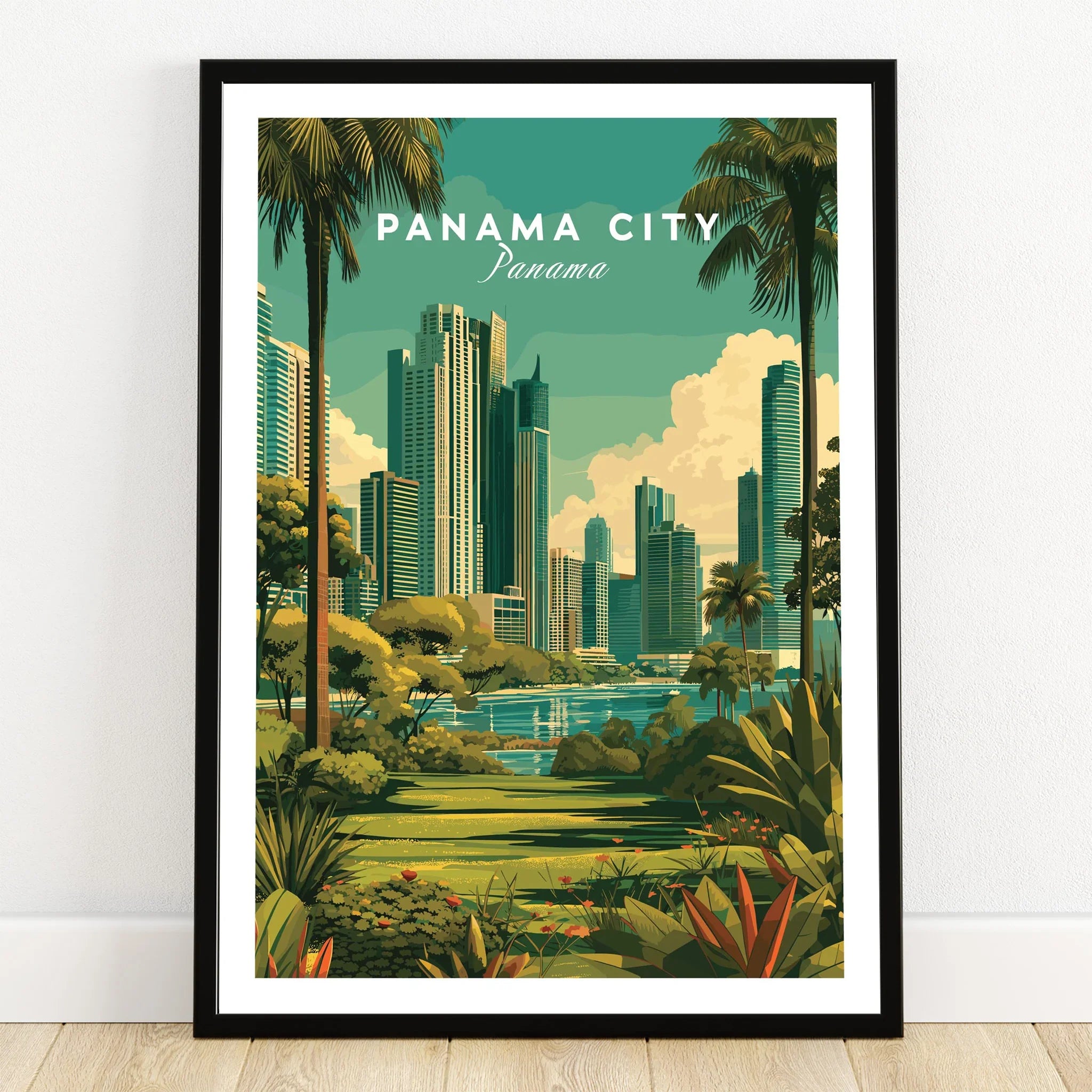 Panama City skyline travel poster with palm trees and lush greenery, ideal for city skyline wall art.