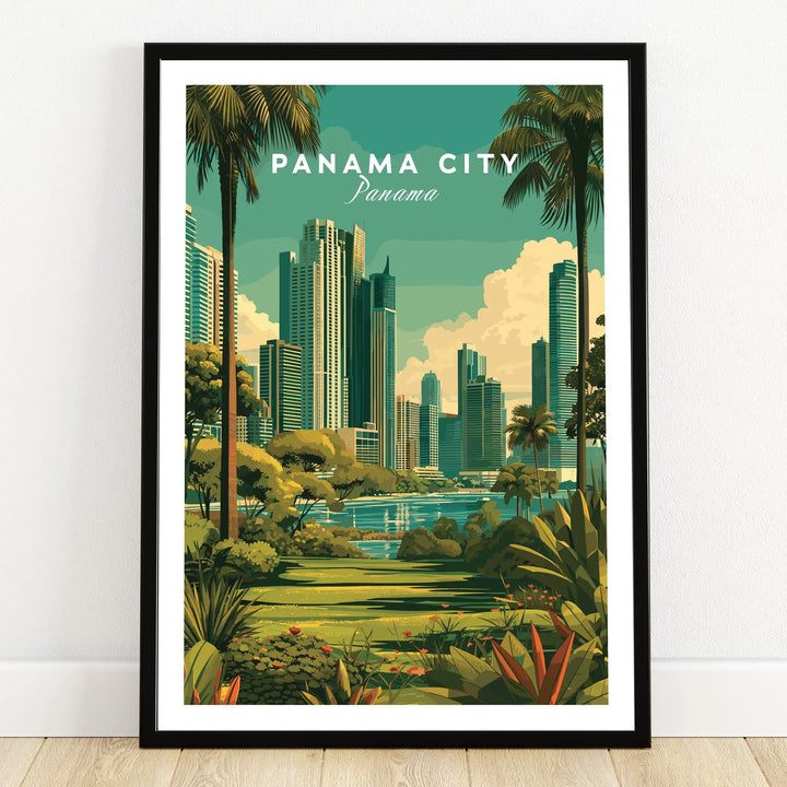 Panama City skyline travel poster with palm trees and lush greenery, ideal for city skyline wall art.