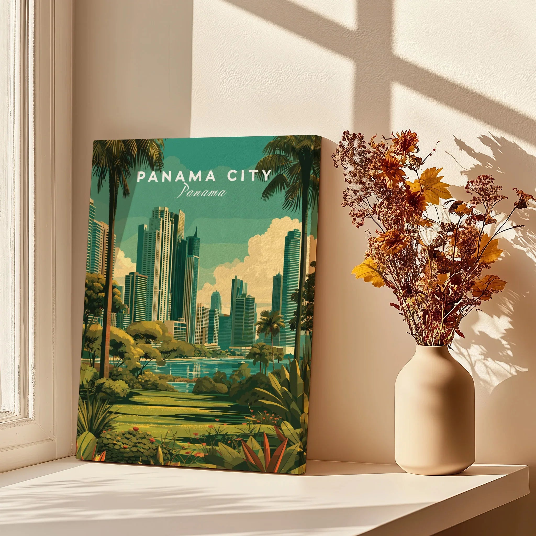 Panama City skyline travel poster with palm trees, modern skyscrapers, and tropical greenery, perfect for city skyline wall art.
