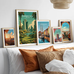 Framed travel posters of Paris, Panama City, Copenhagen, Tokyo, and Barcelona for modern home wall art decor