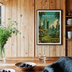 Panama City skyline travel poster with palm trees and modern skyscrapers, perfect for home decor