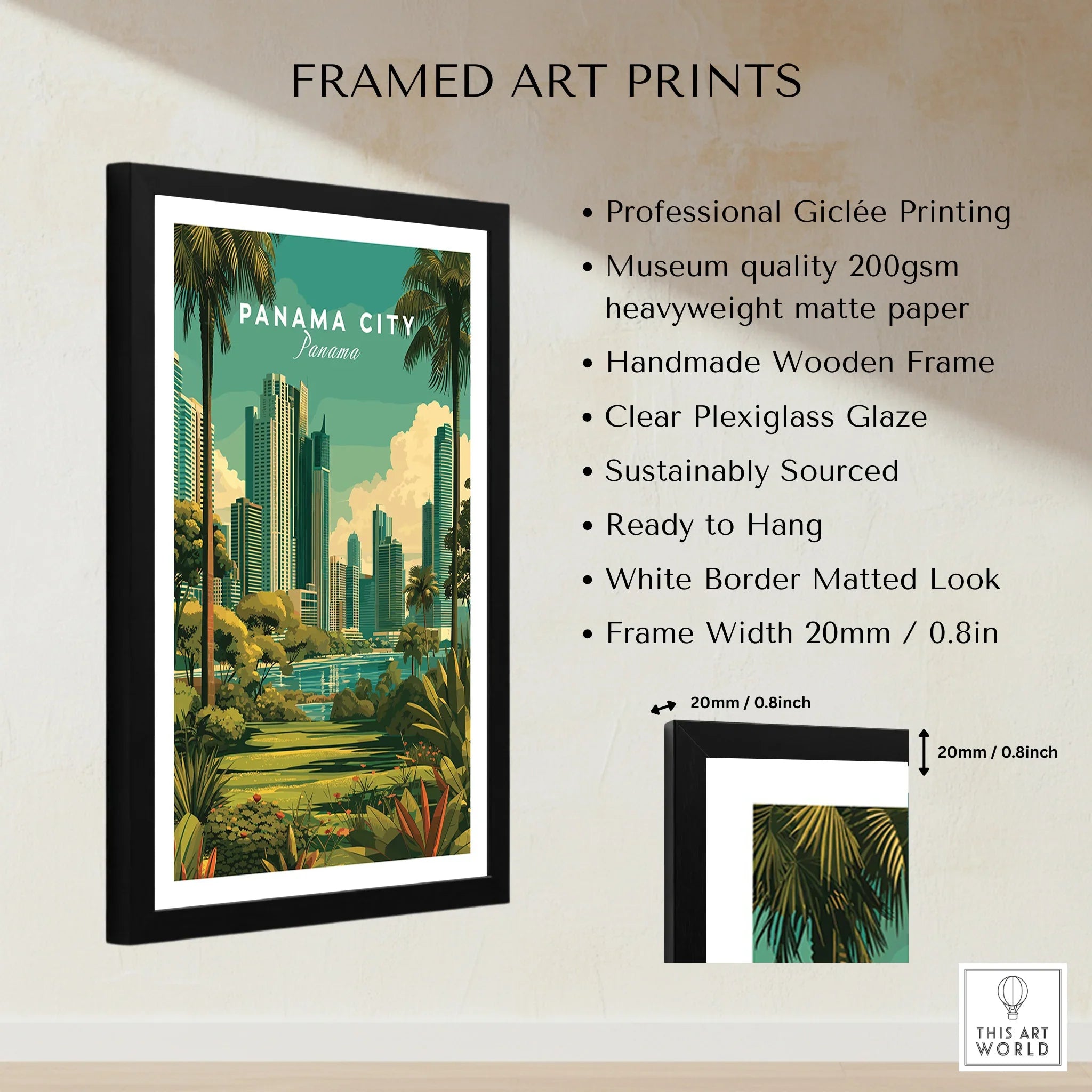 Panama City skyline art print with palm trees, framed wall decor for modern home interiors