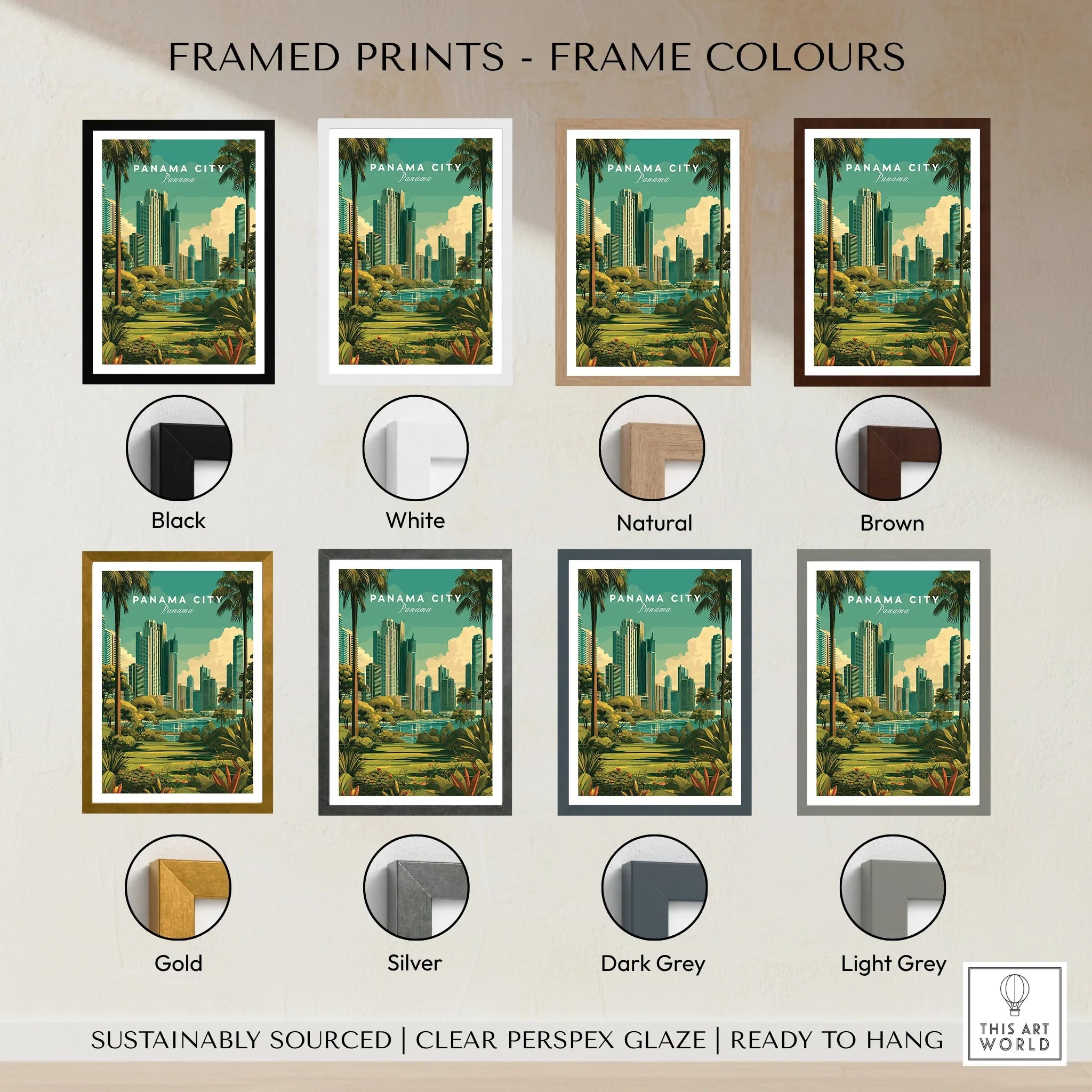 Panama City travel poster in various frame colors for home decor