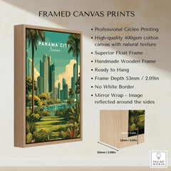 Panama City skyline travel poster with palm trees, framed canvas print for home decor