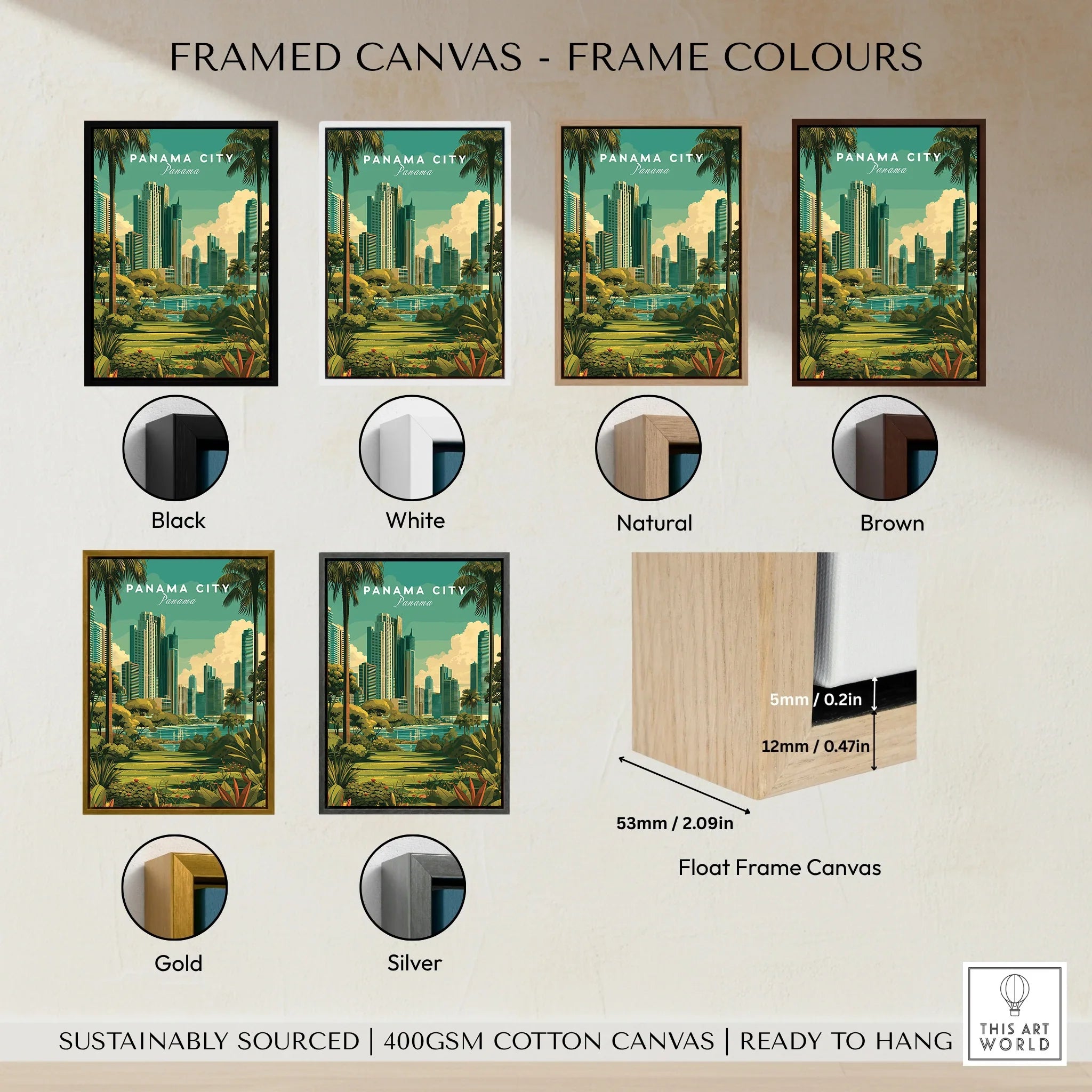 Panama City skyline art print in various frame colors, sustainably sourced cotton canvas, ready to hang