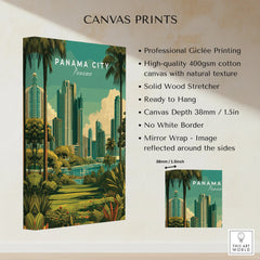 Panama City skyline canvas print with palm trees, tropical greenery, and modern skyscrapers for wall art decor