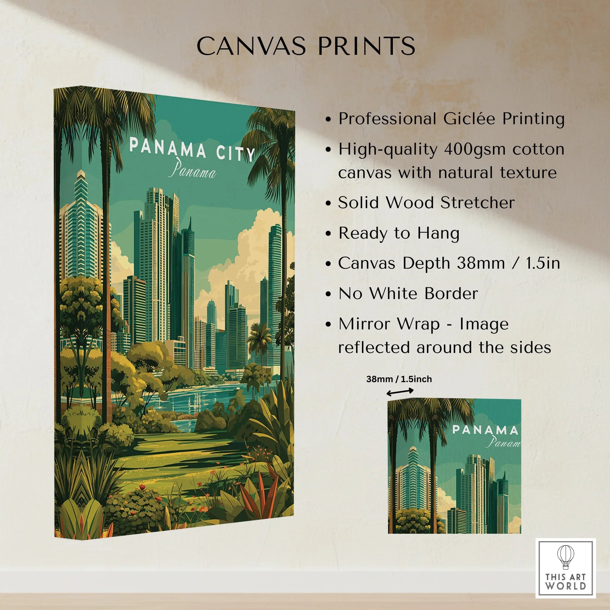 Panama City skyline canvas print with palm trees, tropical greenery, and modern skyscrapers for wall art decor