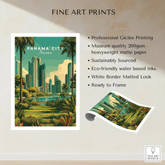 Panama City skyline travel poster with palm trees, tropical greenery, and modern skyscrapers, fine art print ready to frame