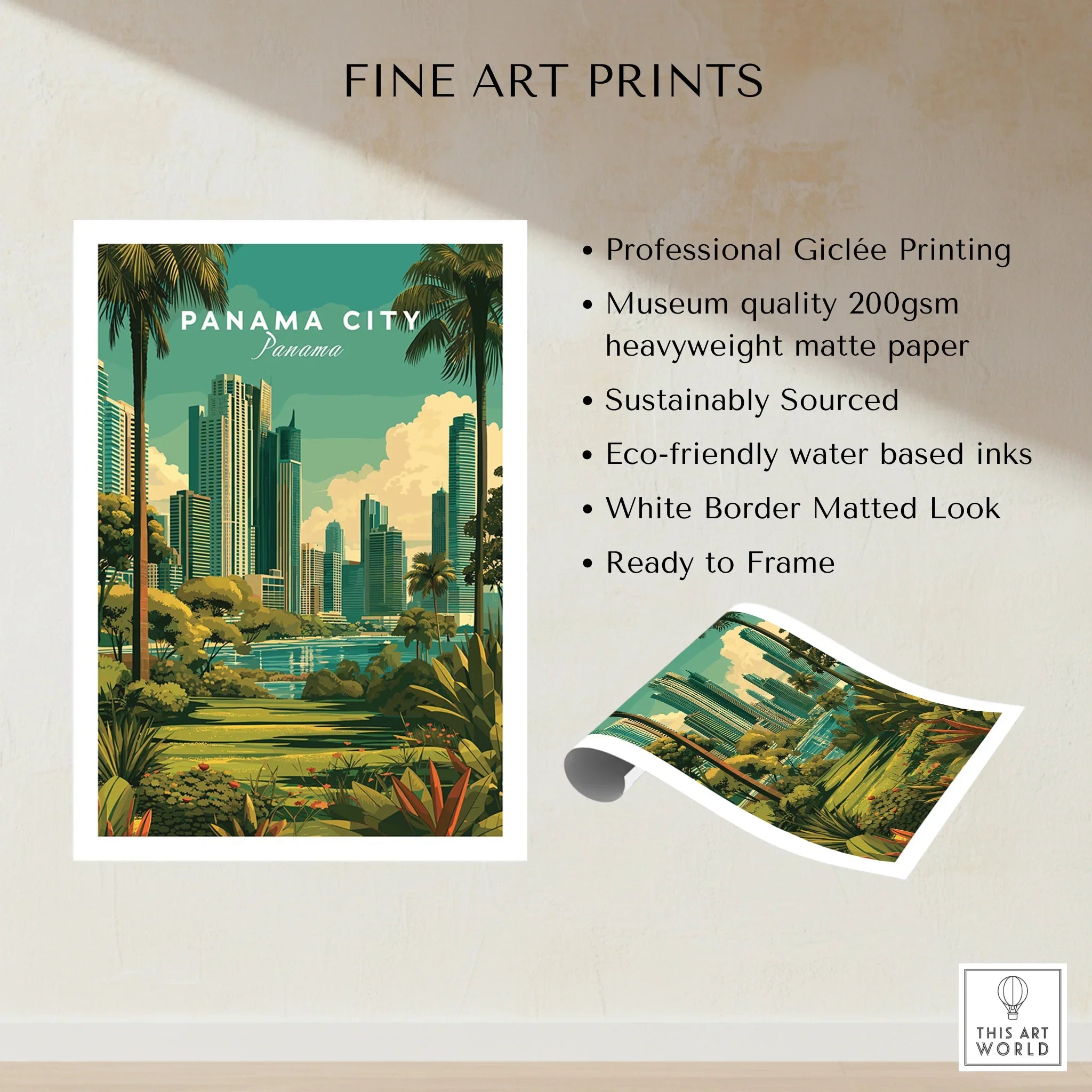 Panama City skyline travel poster with palm trees, tropical greenery, and modern skyscrapers, fine art print ready to frame