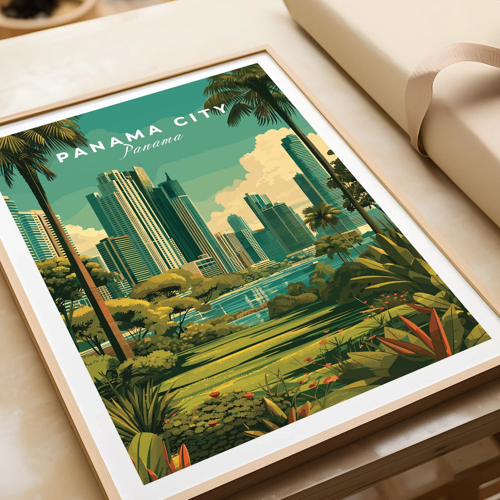 Panama City skyline art print with tropical palms and lush greenery, perfect for travel-themed wall decor.