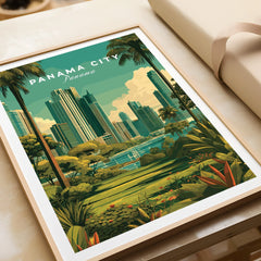 Panama City skyline art print with tropical palms and lush greenery, perfect for travel-themed wall decor.