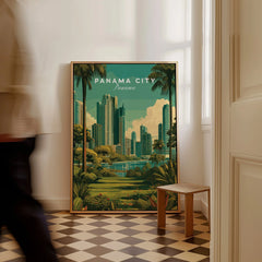 Panama City travel poster with tropical skyline, palm trees, and modern skyscrapers, perfect for cityscape wall art.
