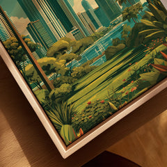 Vibrant city skyline wall art with lush greenery and river, perfect for modern home decor.