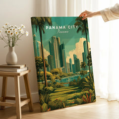Panama City skyline art print with palm trees and lush greenery for home decor