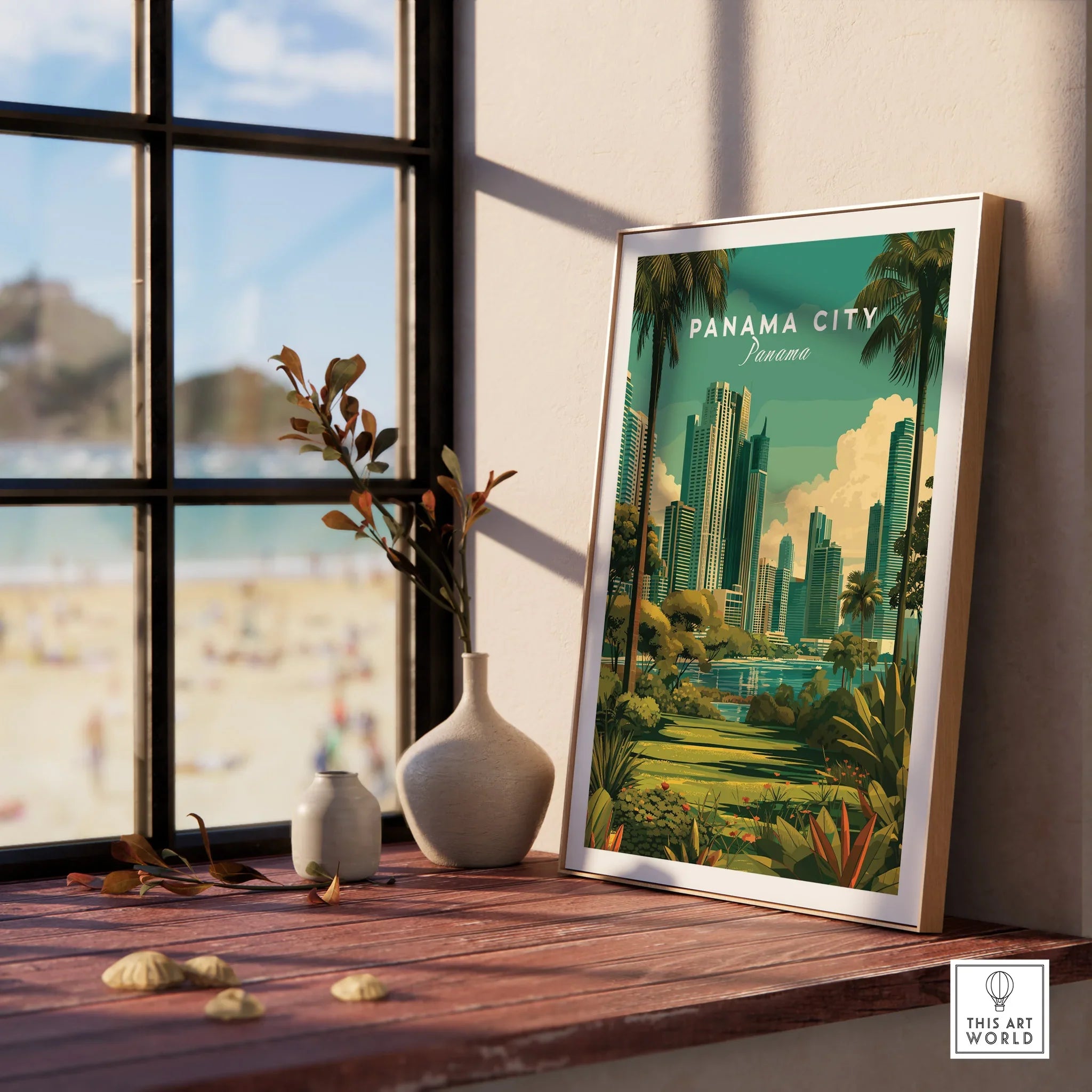 Panama City travel poster with skyline and palm trees, framed wall art for home decor