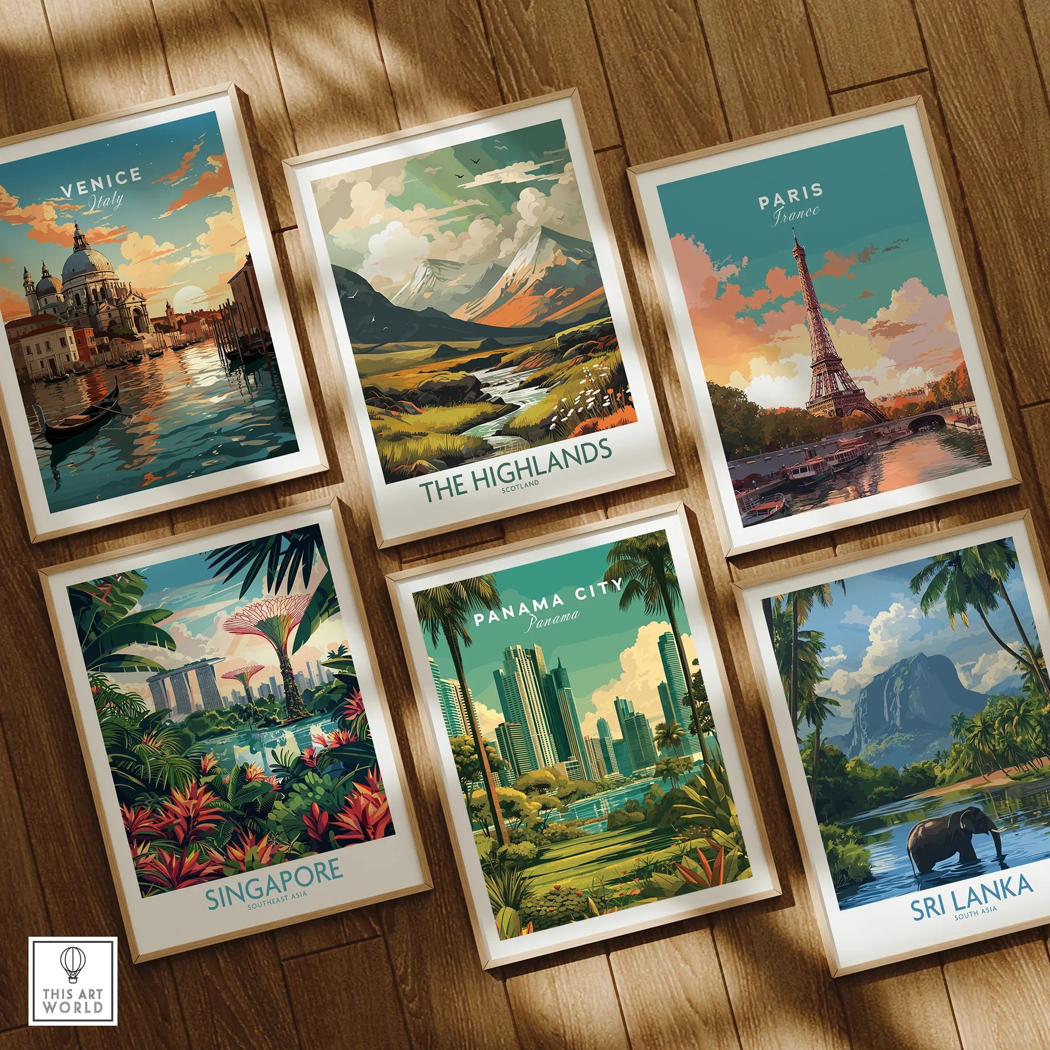 Framed travel posters of Venice, Paris, Singapore, Panama City, Sri Lanka & The Highlands for wall art decor