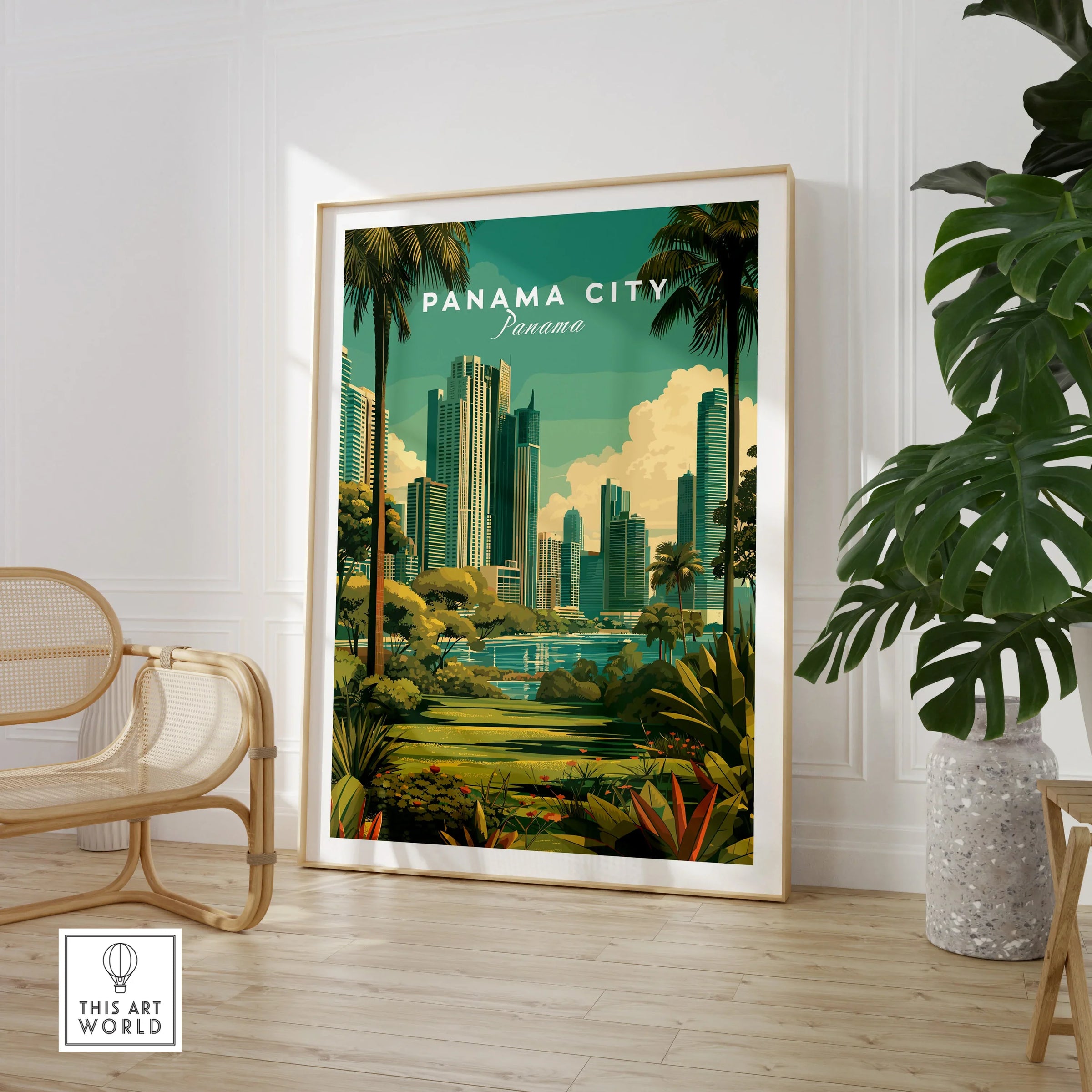 Panama City skyline travel poster with palm trees and modern skyscrapers for home decor