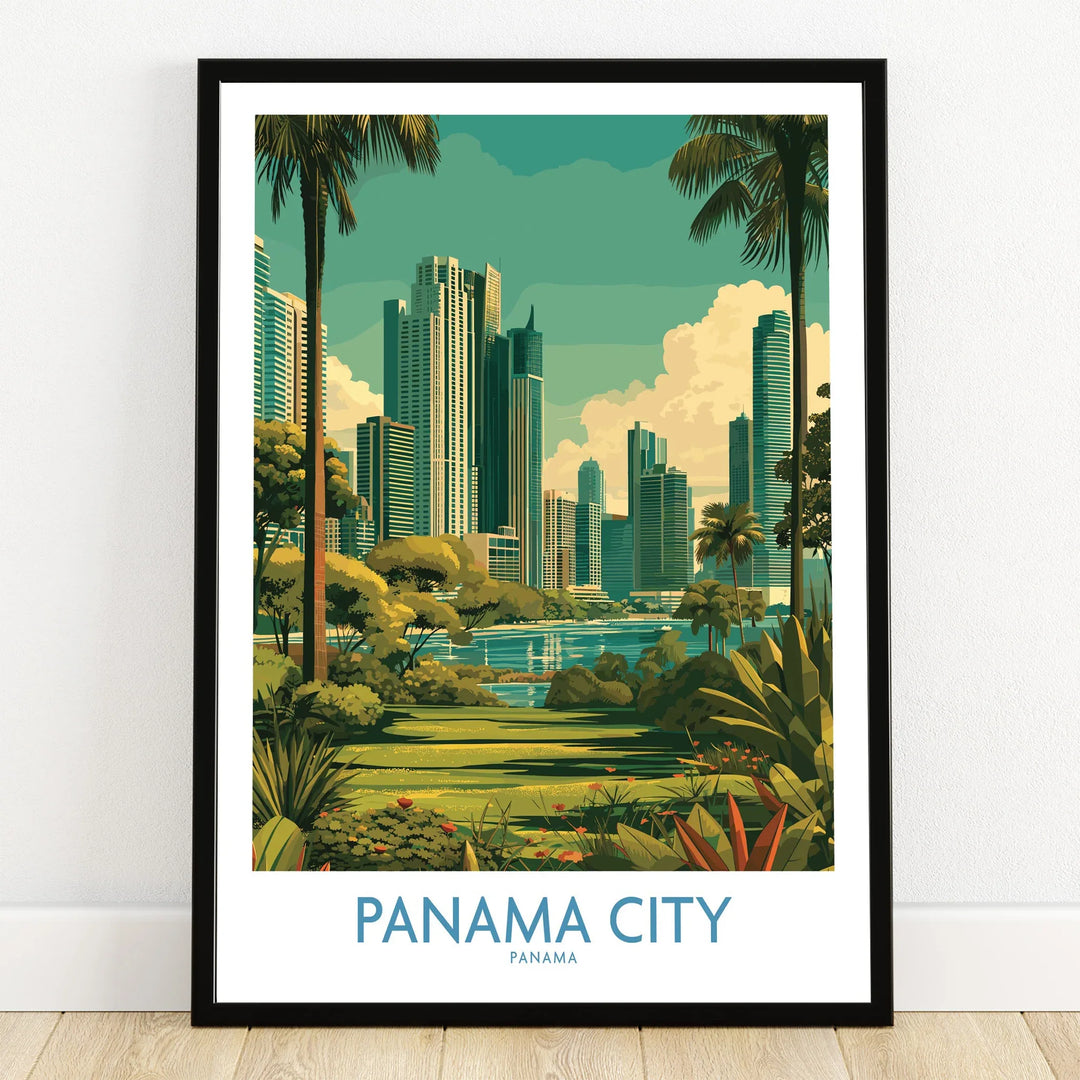 Panama City skyline travel poster with palm trees, modern skyscrapers, and tropical greenery for wall art decor