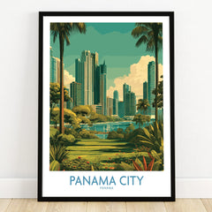 Panama City skyline travel poster with palm trees, modern skyscrapers, and tropical greenery for wall art decor