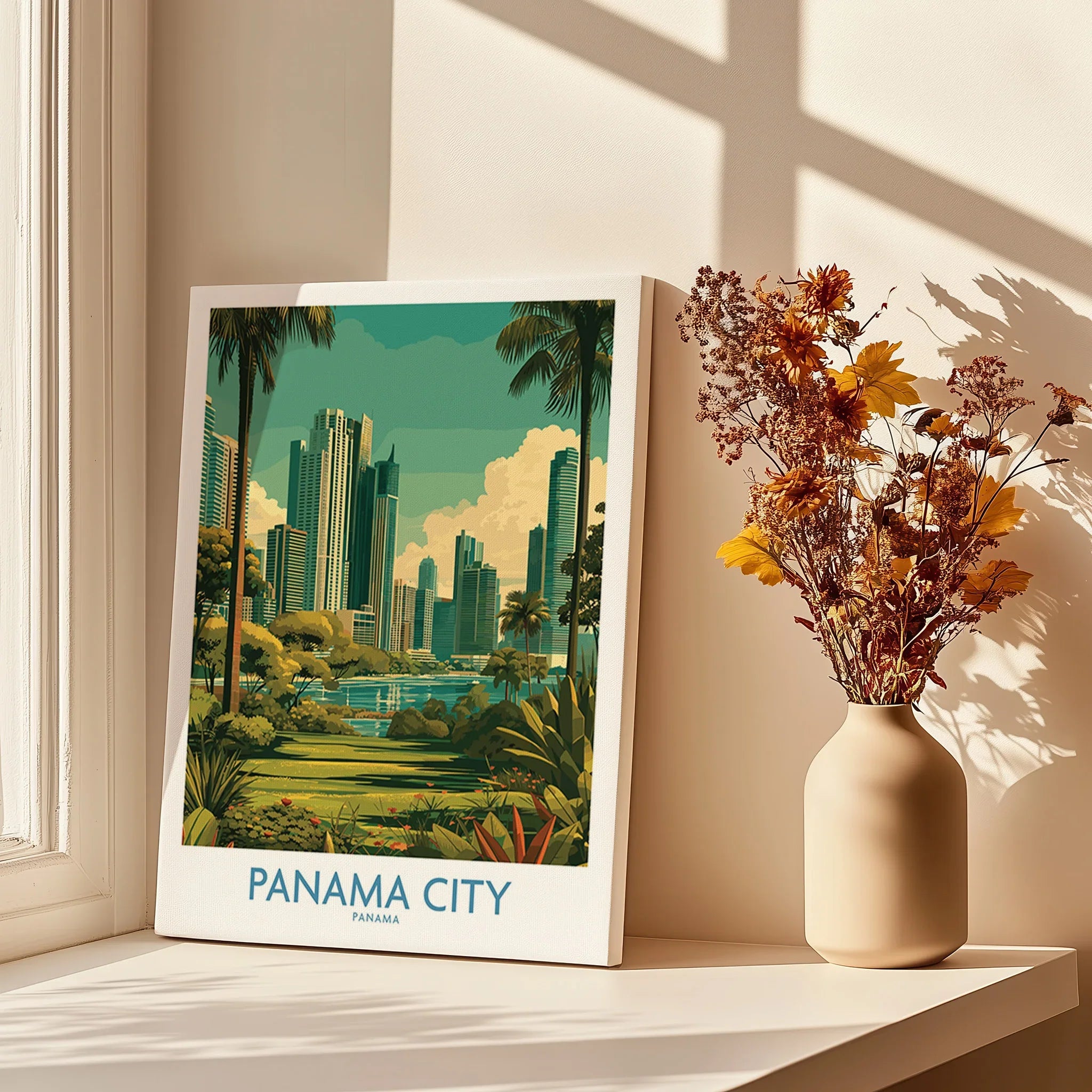Panama City travel poster with skyline, palm trees, and greenery, displayed on windowsill beside dried flowers