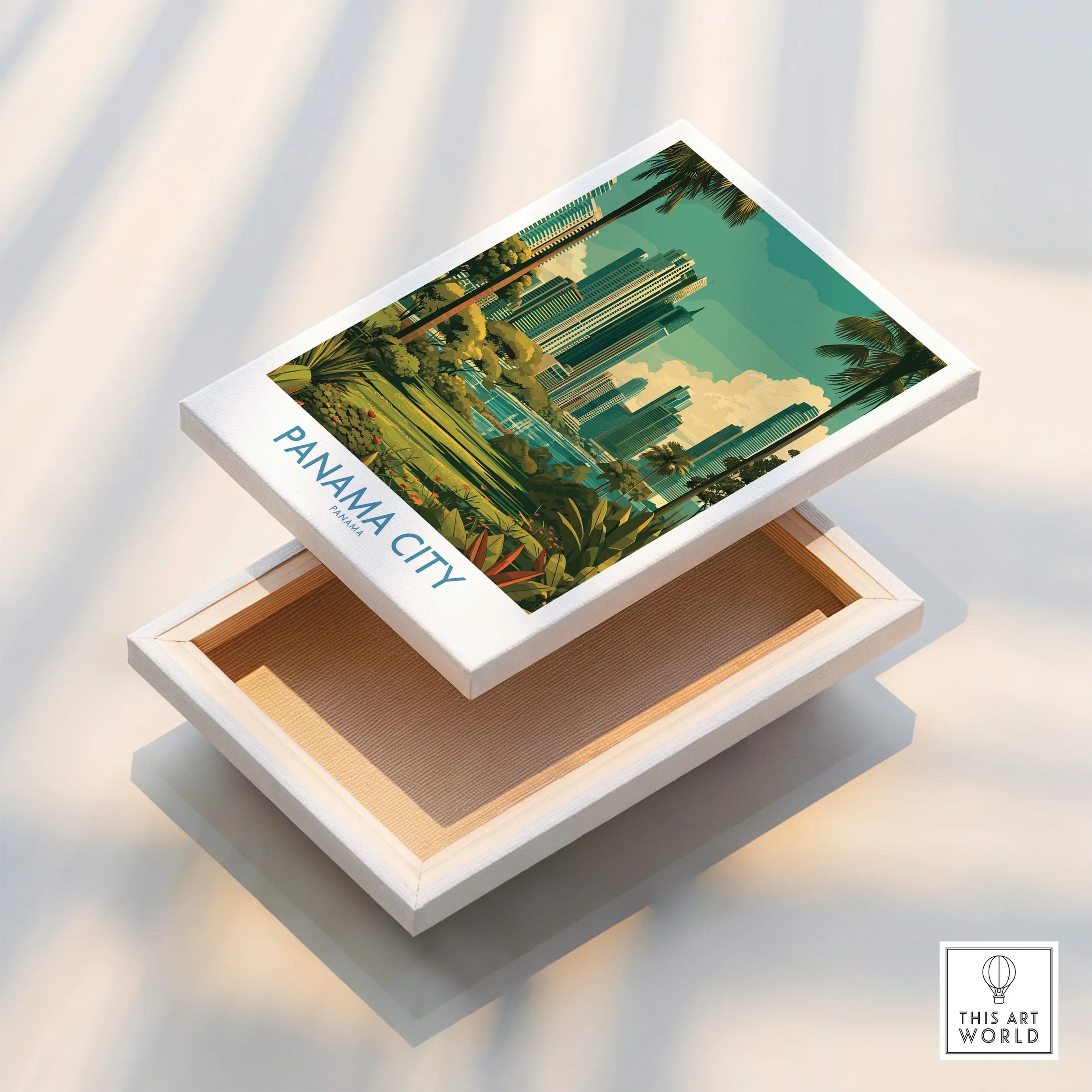 Panama City travel poster print with tropical skyline, palm trees, and modern buildings for wall art decor