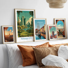 Travel posters of Paris, Panama City, Copenhagen, Tokyo, and Barcelona for home decor wall art