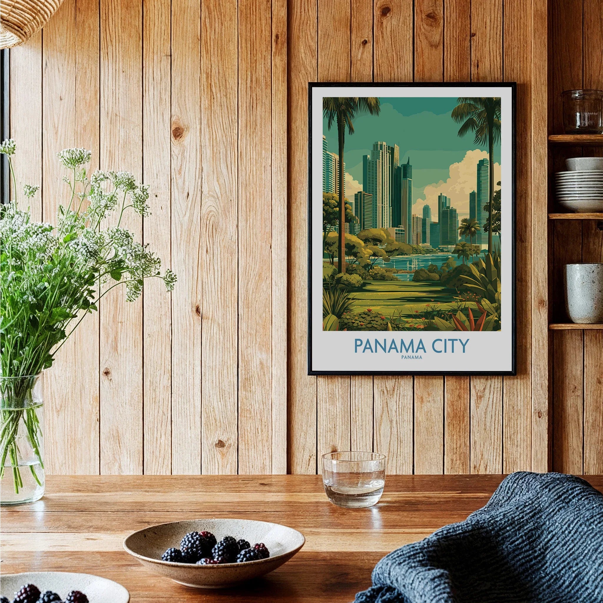 Panama City skyline travel poster with palm trees and modern skyscrapers, perfect for home decor