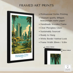 Framed Panama City travel poster with skyline, palm trees, and white border, ready to hang.