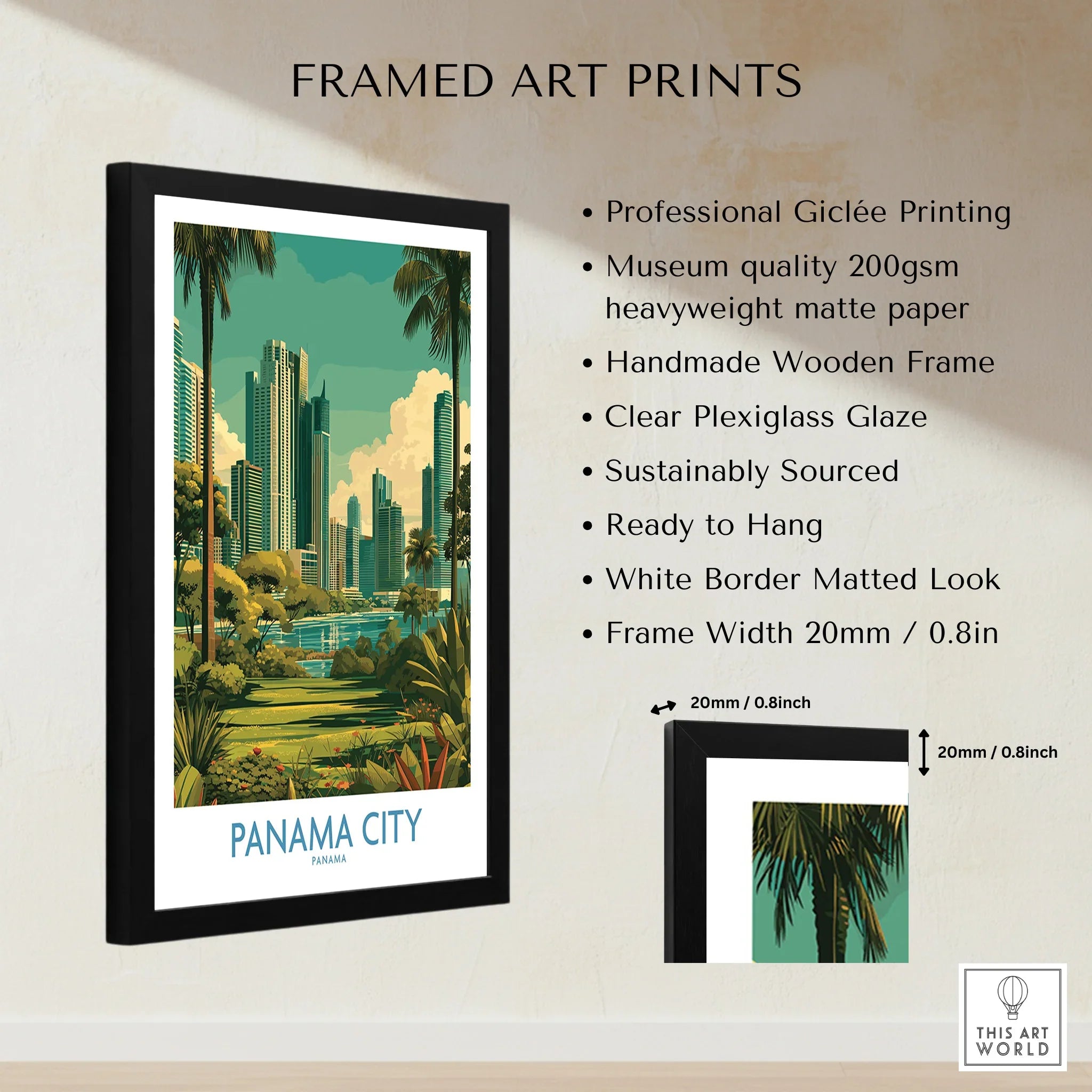 Framed Panama City travel poster with skyline, palm trees, and white border, ready to hang.