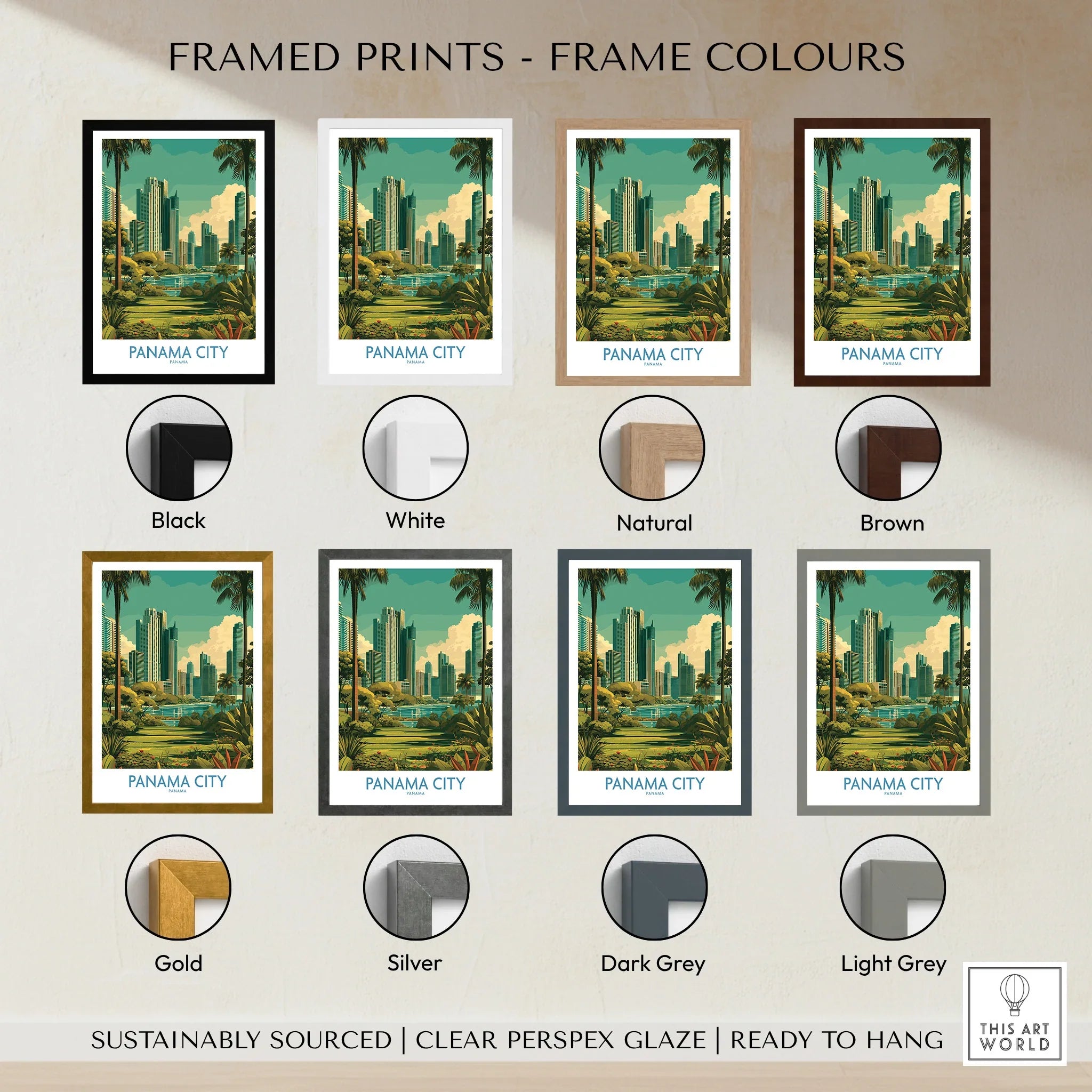 Panama City travel poster in various frame colors for home decor