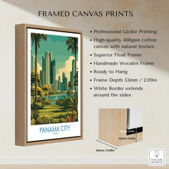 Framed Panama City travel poster with skyline, palm trees, and greenery, ideal for wall art decor