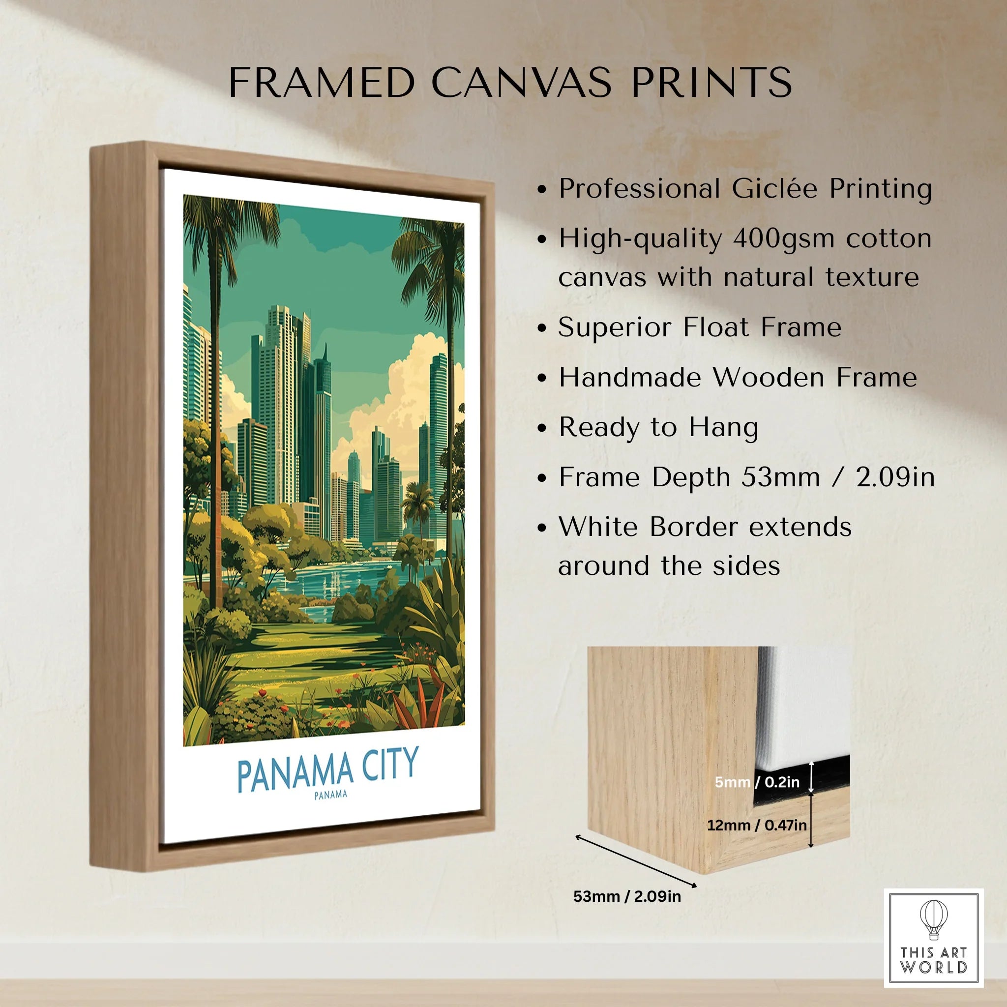 Framed Panama City travel poster with skyline, palm trees, and greenery, ideal for wall art decor