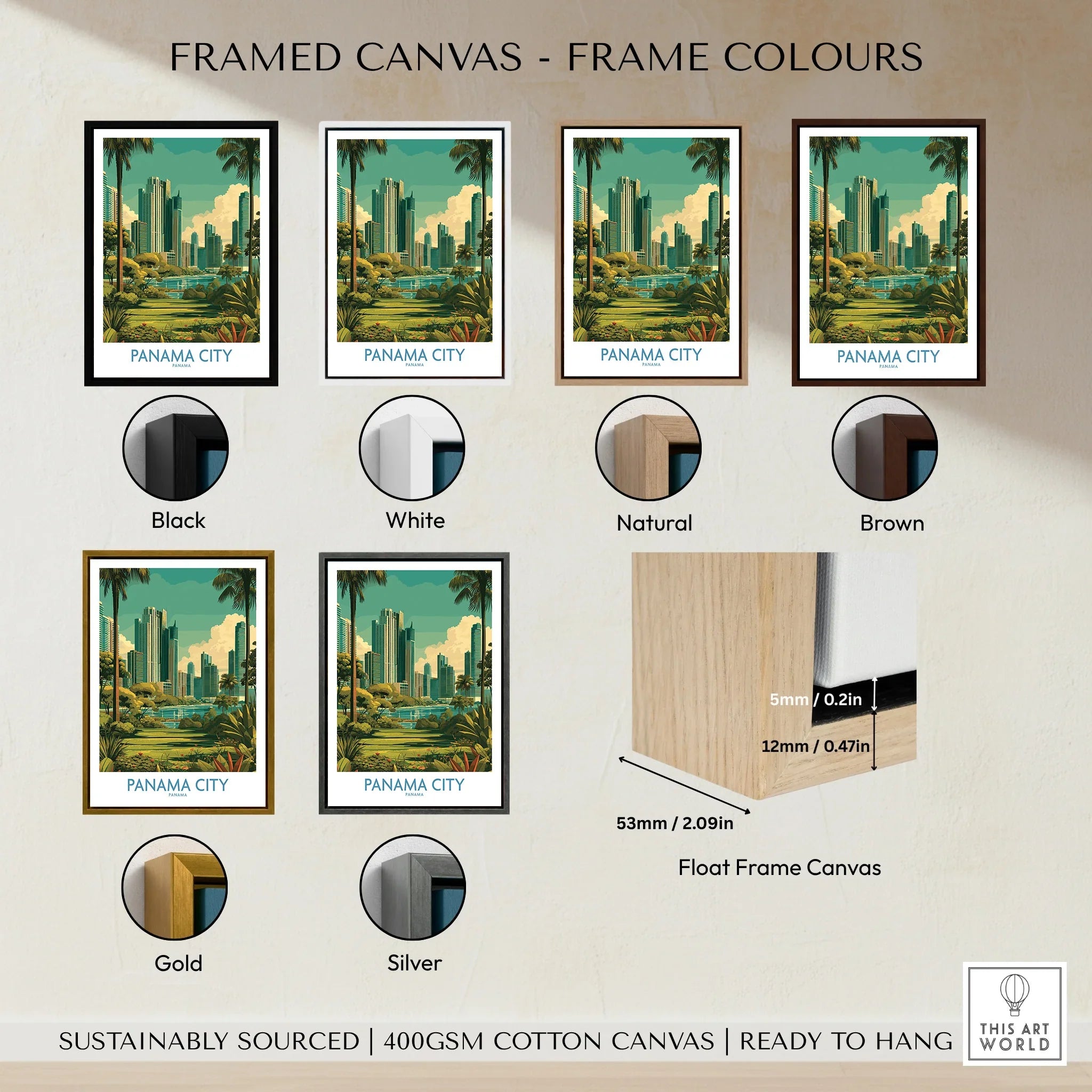 Framed Panama City travel poster in various frame colors: black, white, natural, brown, gold, silver