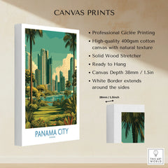 Panama City skyline canvas print with palm trees and lush greenery, ideal for travel-themed wall art.