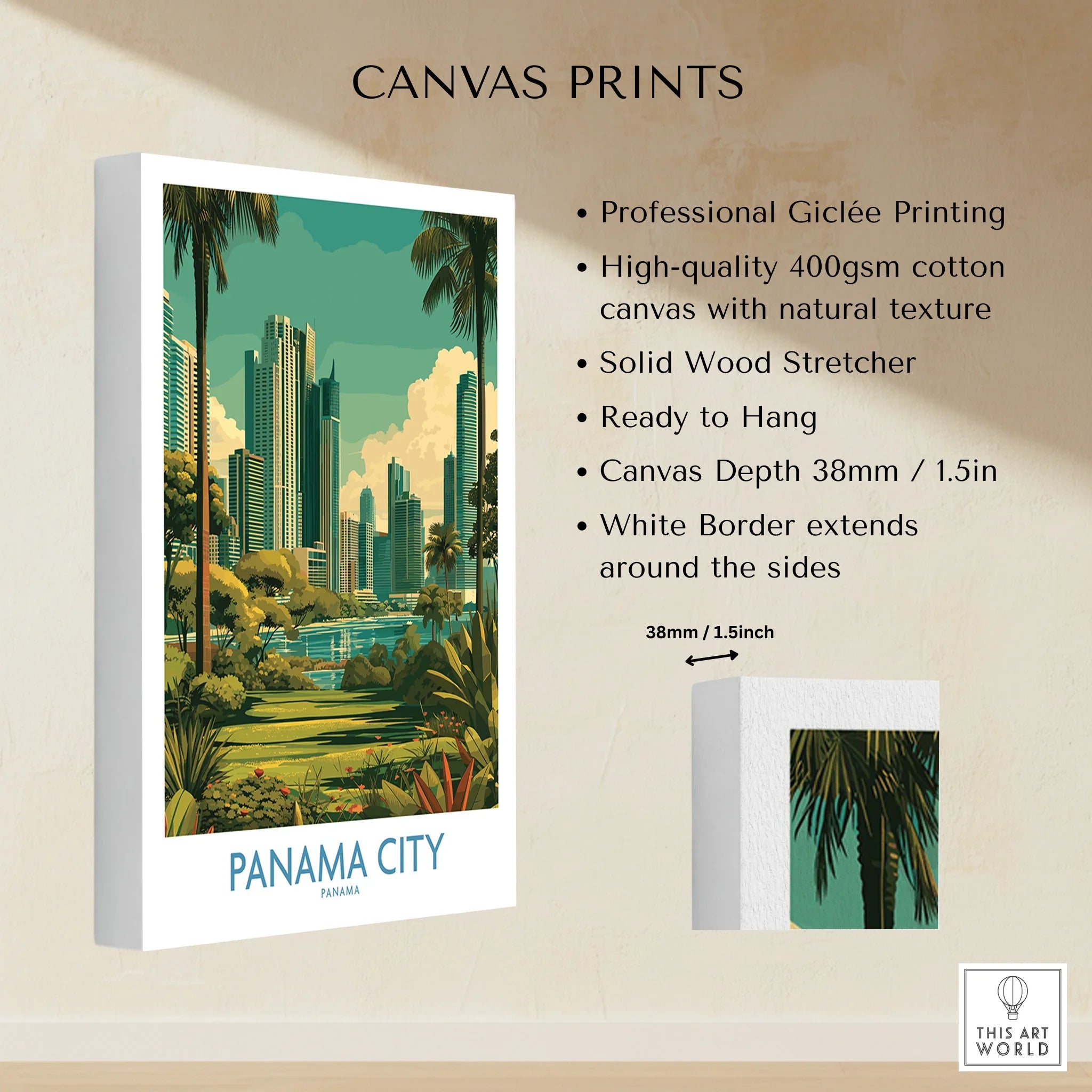 Panama City skyline canvas print with palm trees and lush greenery, ideal for travel-themed wall art.