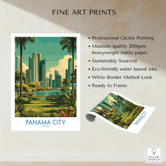 Panama City skyline art print with palm trees and lush greenery, ideal for travel-themed wall decor.