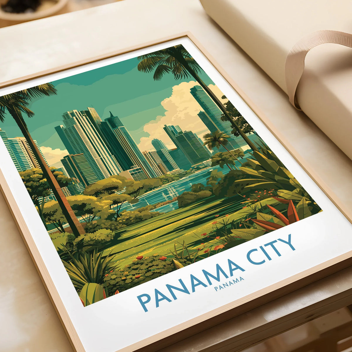 Panama City skyline travel poster with tropical palm trees and lush greenery, ideal wall art decor.