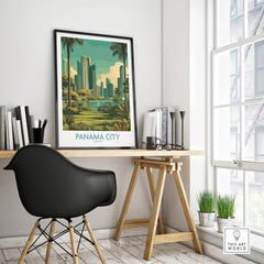 Panama City travel poster with skyline, palm trees, and greenery, displayed on a modern desk