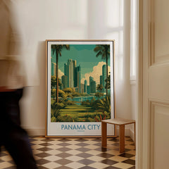 Panama City travel poster with skyline, palm trees, and tropical greenery, framed wall art for home decor