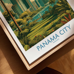 Panama City travel poster with skyline, tropical plants, and river, framed wall art for home decor
