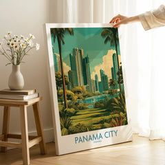 Panama City skyline travel poster with palm trees, modern skyscrapers, and tropical greenery for wall art decor