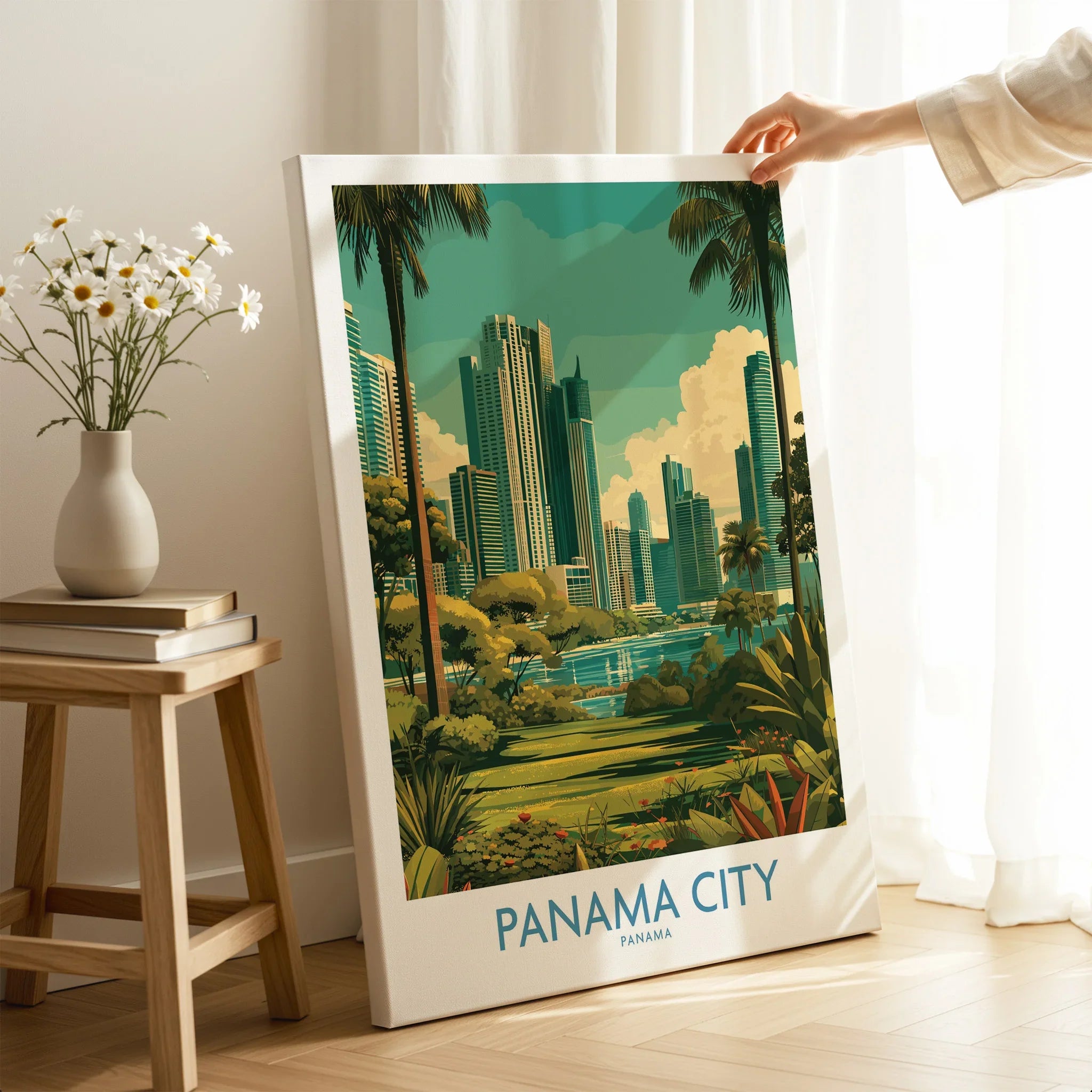 Panama City skyline travel poster with palm trees, modern skyscrapers, and tropical greenery for wall art decor