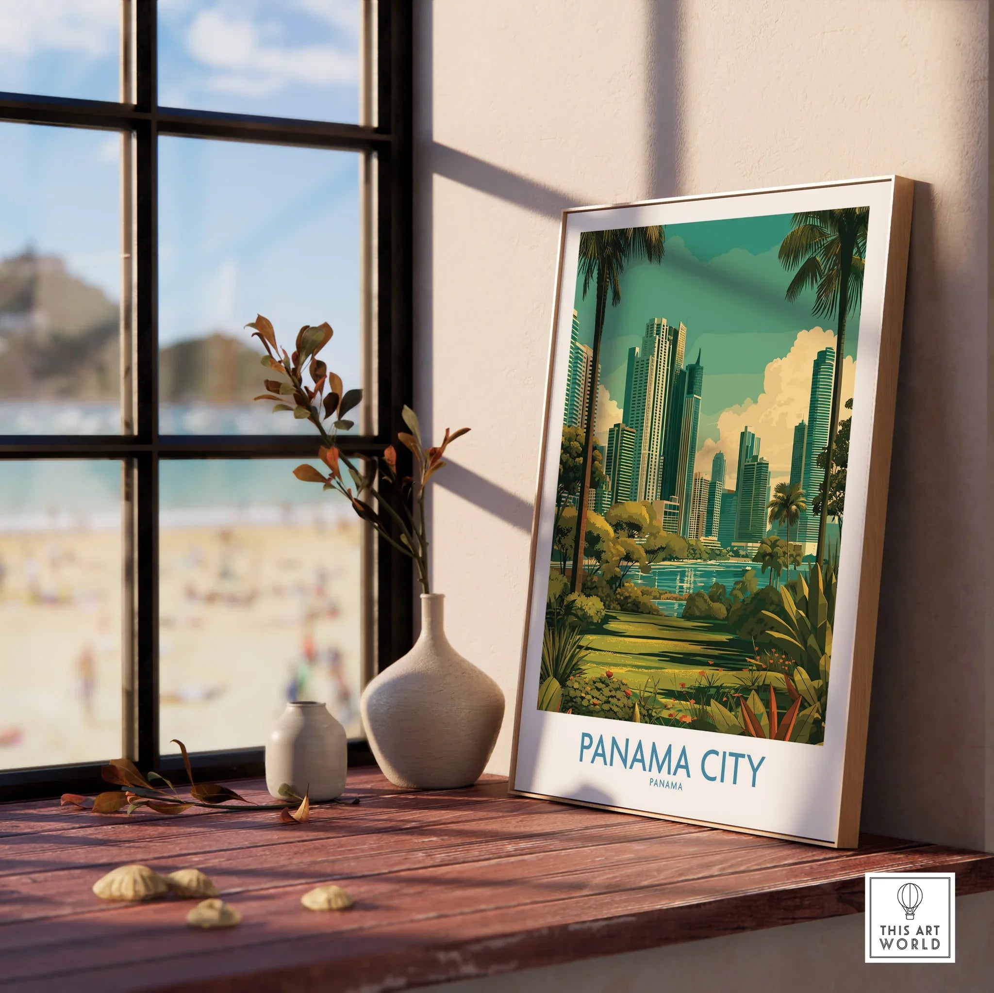 Panama City travel poster with skyline, palm trees, and greenery, displayed on a windowsill near beach view