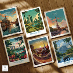 Framed travel posters of Venice, Paris, Panama City, Singapore, Barcelona, Sri Lanka for wall art decor