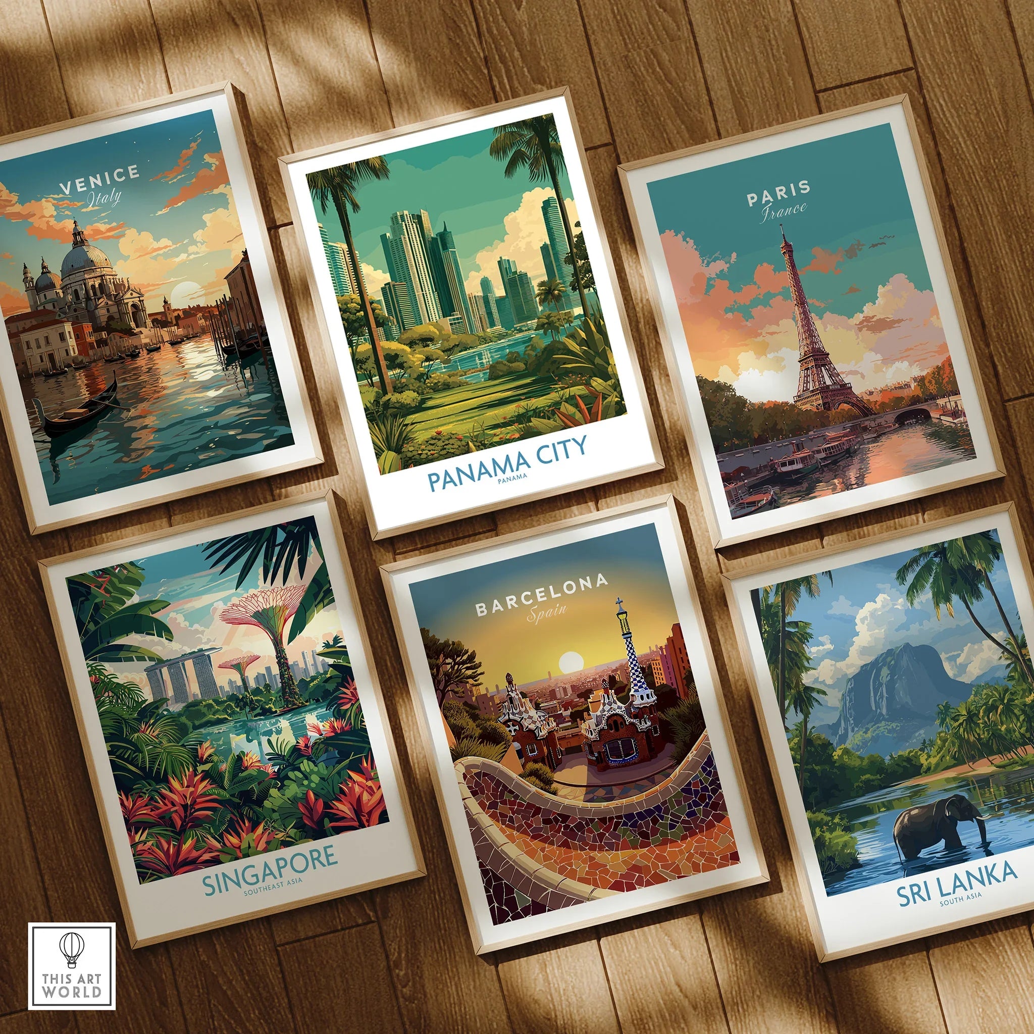 Framed travel posters of Venice, Paris, Panama City, Singapore, Barcelona, Sri Lanka for wall art decor