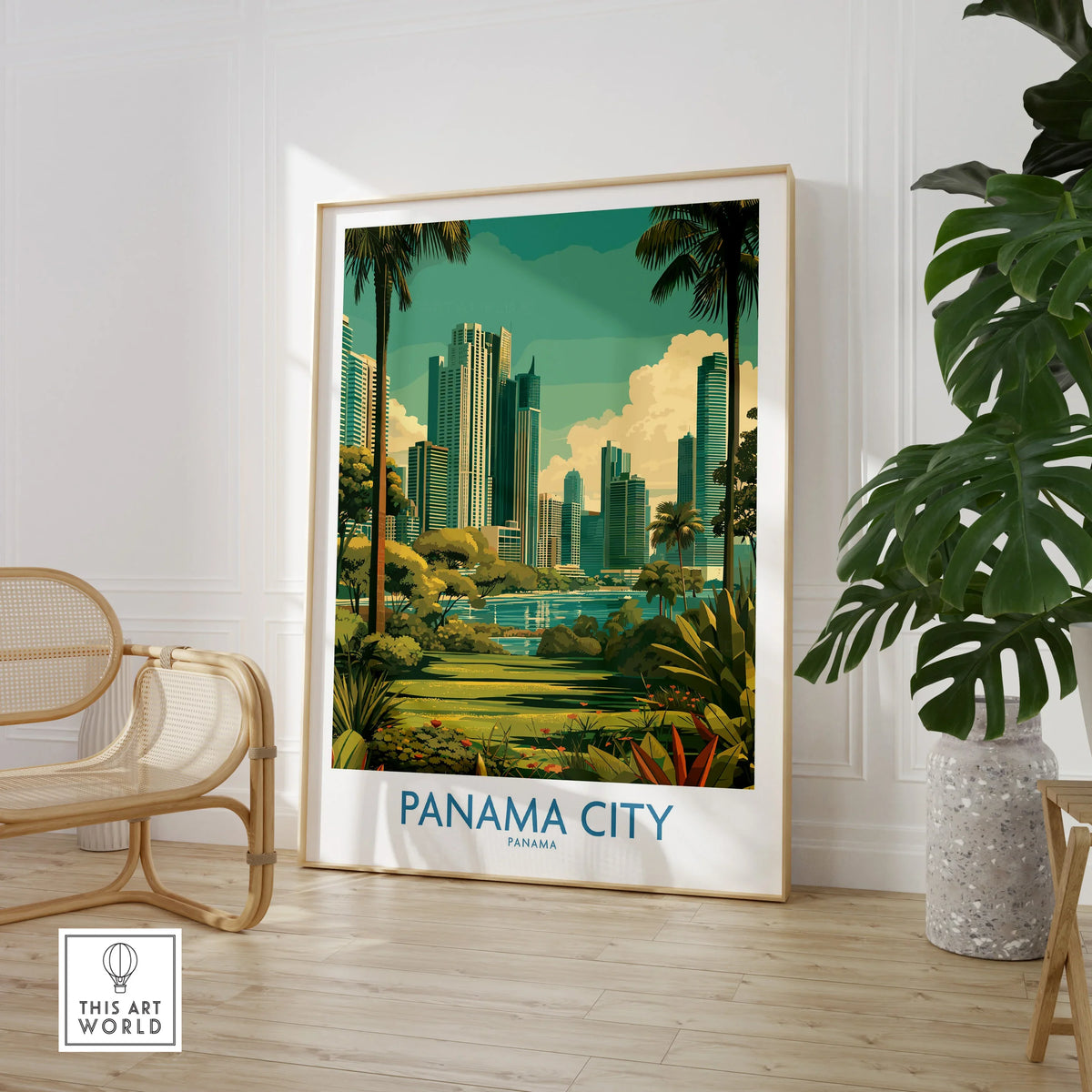 Panama City skyline travel poster with tropical palm trees, modern skyscrapers, and lush greenery, perfect for cityscape wall art.