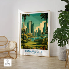 Panama City skyline travel poster with tropical palm trees, modern skyscrapers, and lush greenery, perfect for cityscape wall art.