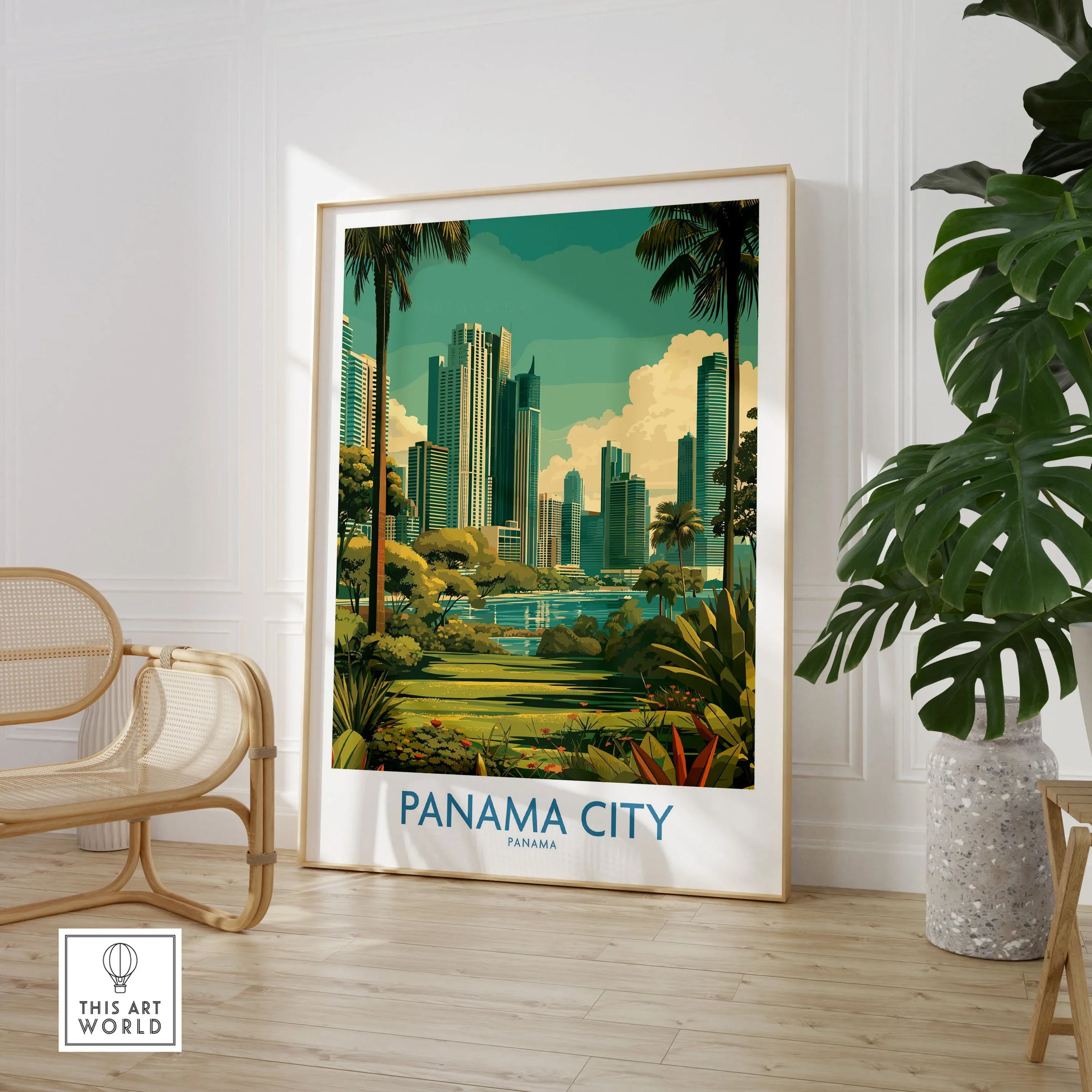 Panama City skyline travel poster with tropical palm trees, modern skyscrapers, and lush greenery, perfect for cityscape wall art.