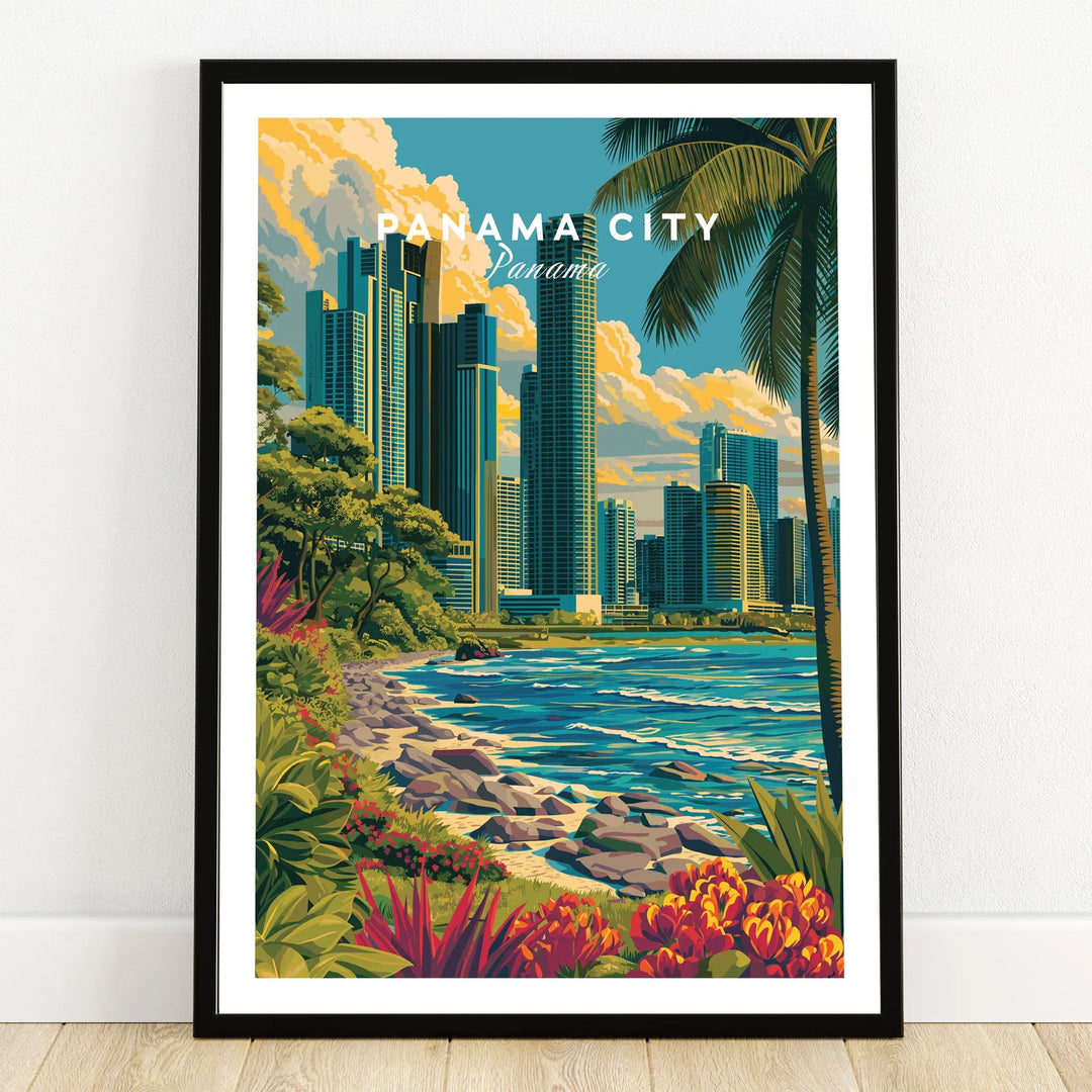 Panama City skyline travel poster with tropical beach and palm trees, vibrant cityscape wall art