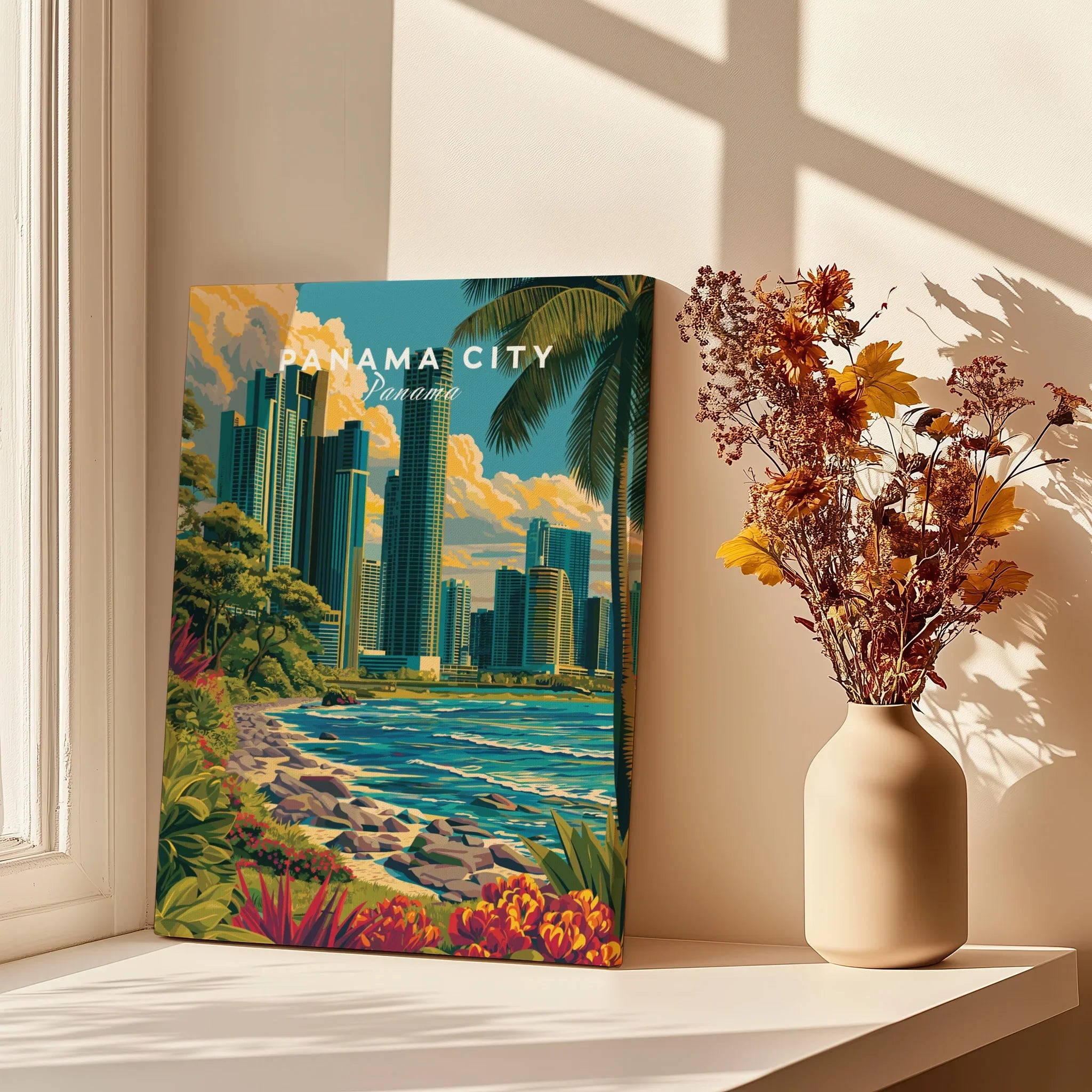 Panama City skyline art print with tropical beach and palm trees, perfect for home decor